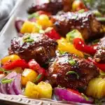 Golden glazed chicken thighs with caramelized pineapple, red bell pepper, and onion wedges on a sheet pan, Hawaiian Chicken Sheet Pan.