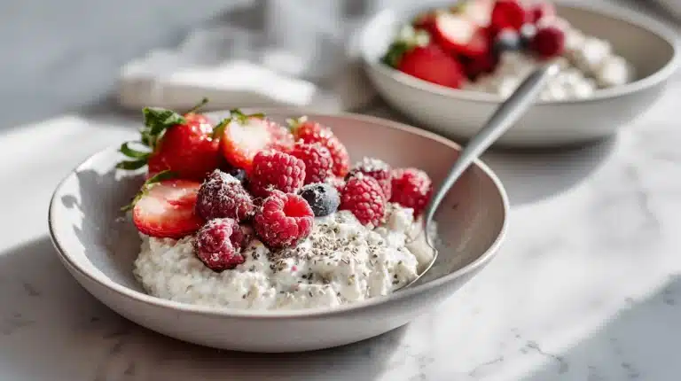High fiber overnight oats in a mason jar topped with raspberries and chia seeds