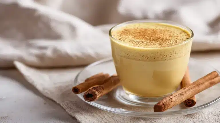 Honey cinnamon bedtime drink in a ceramic mug with cinnamon dusted on top