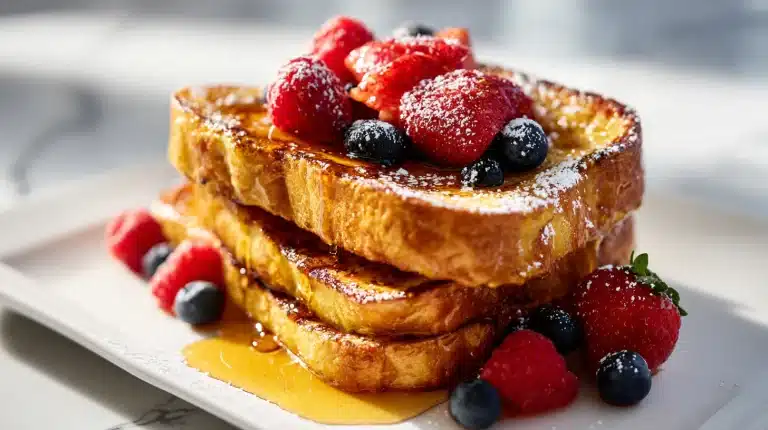 Stack of golden Honey French toast with honey drizzle and fresh strawberries on white plate