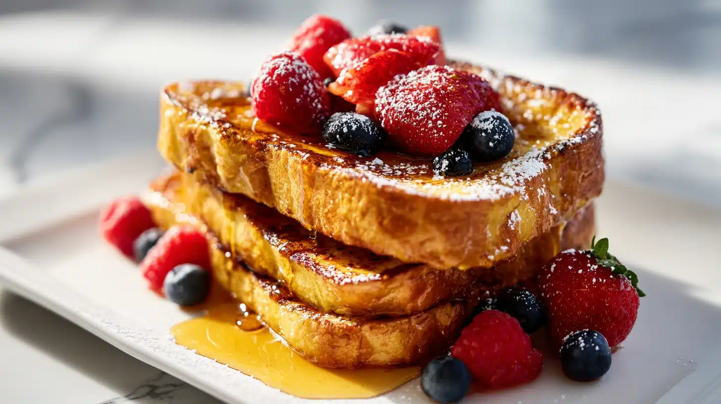 Honey French Toast: The Golden, Custardy Breakfast You'll Make Every Weekend 23 Stack of golden Honey French toast with honey drizzle and fresh strawberries on white plate
