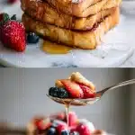 A stack of golden-brown Honey French toast dusted with powdered sugar, drizzled with glossy honey, and topped with fresh berries.