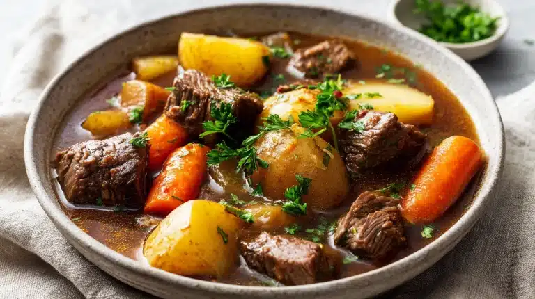 Classic irish stew recipe in a rustic Dutch oven with beef, potatoes, and carrots