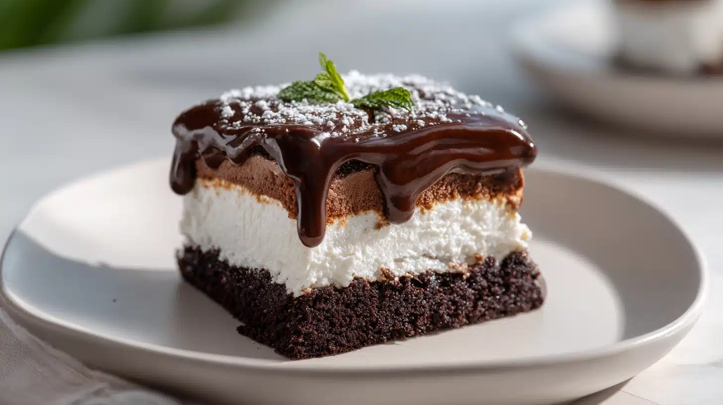 Italian Love Cake: The Chocolate Ricotta Dessert That Flips Itself Upside Down 24 Italian love cake with three visible layers in a 9x13 pan on dark slate