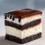 A slice of Italian Love Cake with dark chocolate and white ricotta layers, topped with glossy chocolate pudding, on a bright surface.