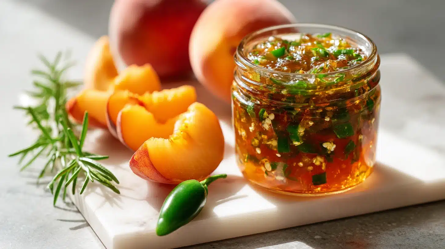 Jalapeno Peach Jam: Sweet Heat in Every Jar 20 A jar of jalapeno peach jam with toast and fresh peaches on a wooden board