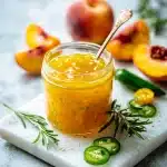 A jar of homemade jalapeno peach jam with green jalapeño pieces on a marble board with fresh peaches, jalapeños, and rosemary.