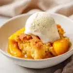 A warm golden peach cobbler with melting vanilla ice cream on top, set on a light linen, Joanna Gaines peach cobbler recipe.