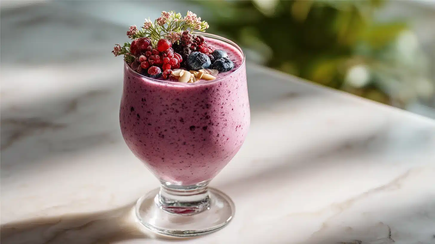 Kefir Berry Smoothie: The Creamy Probiotic Blend You'll Make Every Morning 20 Kefir berry smoothie in a tall glass topped with fresh blueberries and strawberries