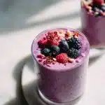 A glass of kefir berry smoothie with vibrant purple color, creamy texture, topped with fresh berries, on a marble counter.