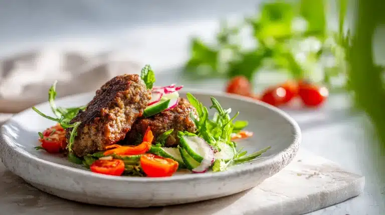 Grilled kefta kebab recipe skewers on dark slate with yogurt dipping sauce