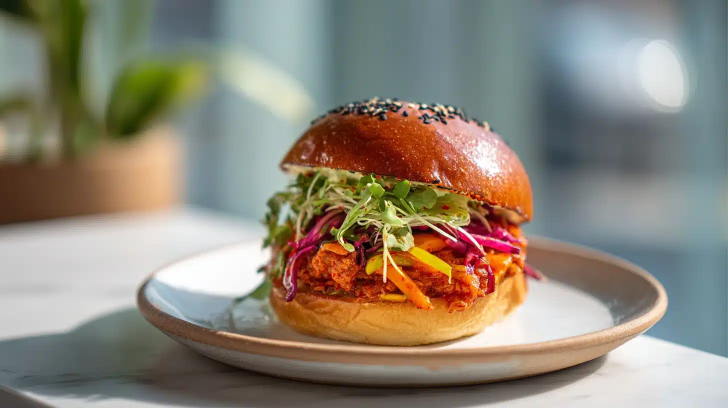 The Kimchi Burger That Will Ruin Plain Burgers for You Forever 31 Juicy kimchi burger with gochujang mayo and melted cheese on dark slate