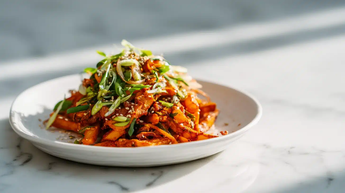 Kimchi Fries: The Crispy, Cheesy Korean Loaded Fries You Need Right Now 27 Cast iron skillet of crispy kimchi fries loaded with melted cheese and gochujang mayo