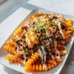 Crispy crinkle-cut fries topped with bulgogi beef, melted cheese, spicy kimchi, and gochujang mayo drizzle, garnished with green onions.