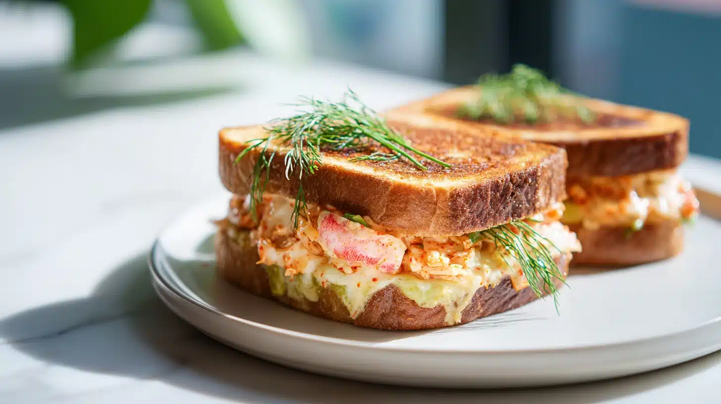 Kimchi Grilled Cheese: The Crispy, Melty Sandwich You Didn't Know You Needed 21 Kimchi grilled cheese sandwich sliced open showing melty cheese and red kimchi layers