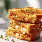 Golden brown kimchi grilled cheese sandwich with crispy sourdough, oozing cheddar and mozzarella, and vibrant red kimchi, on a plate.