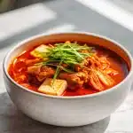 A steaming bowl of kimchi jjigae recipe with tender pork belly slices, silky tofu cubes, and vibrant fermented kimchi, garnished with fresh green onions on a rustic table.