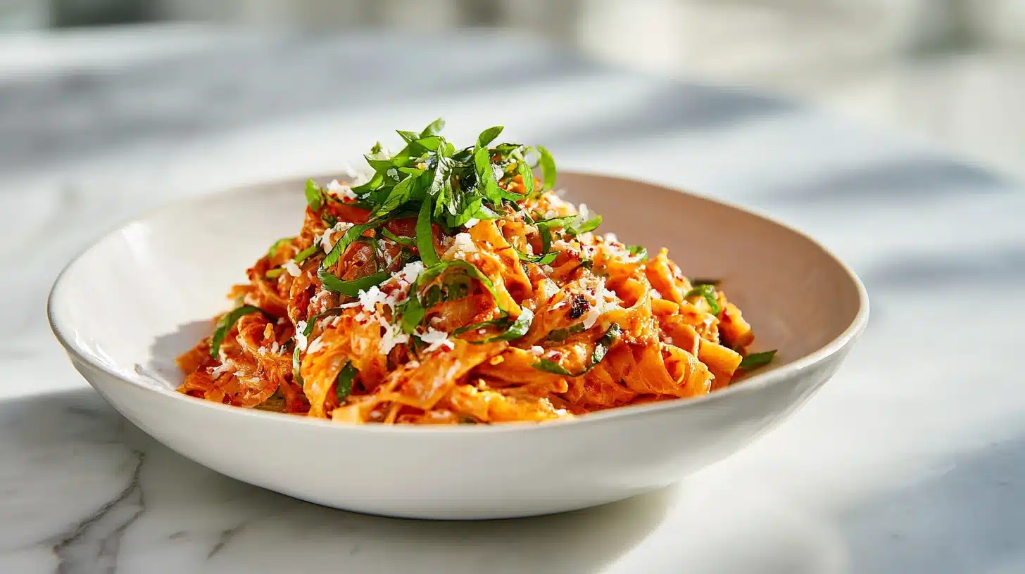Kimchi Pasta: The Bold, Creamy 15-Minute Dinner You'll Make Every Week 23 Creamy kimchi pasta in a bowl with scallions and sesame seeds on a wooden board