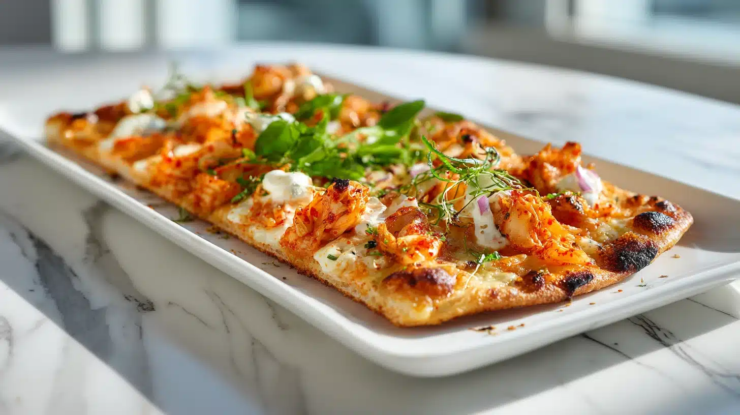 Kimchi Pizza: The Spicy, Crispy Slice You Never Knew You Needed 16 Freshly baked kimchi pizza on dark slate with scallions and sesame seeds