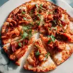 A freshly baked kimchi pizza with gochujang mozzarella, crispy pork belly, tangy kimchi, and green onion slices on a marble board.