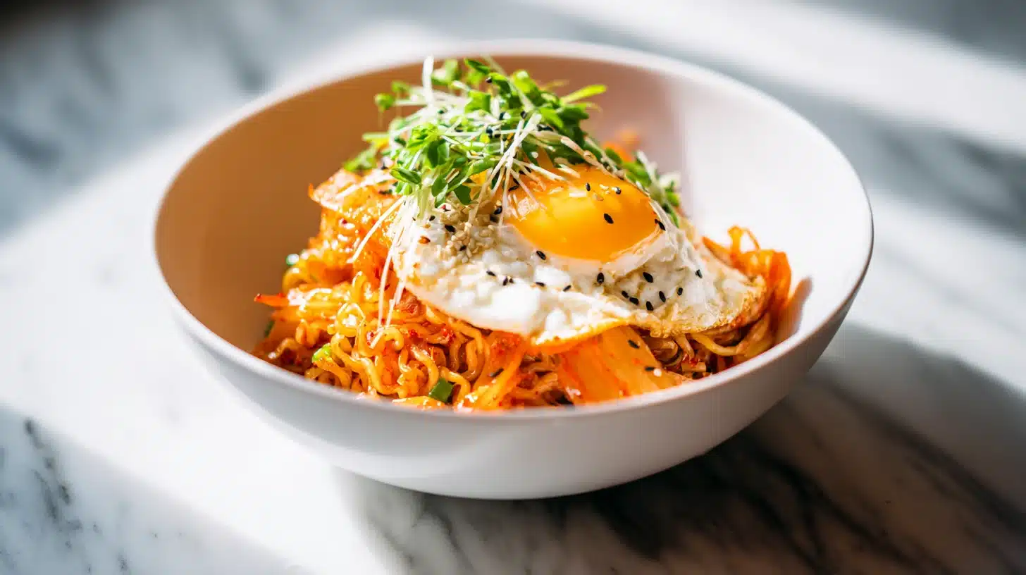 Kimchi Ramen: The Spicy, Tangy Noodle Bowl You'll Make Every Week 29 A steaming bowl of kimchi ramen with soft-boiled egg and chewy noodles