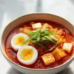 Steaming bowl of kimchi ramen with vibrant red broth, chewy noodles, halved soft-boiled egg, white tofu cubes, and fresh green scallions.