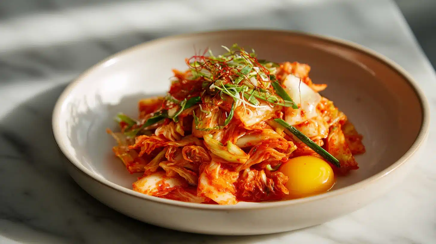 Kimchi Salad: Bold, Tangy, and Ready in 15 Minutes Flat 23 Fresh kimchi salad in a wide bowl with cabbage, cucumber, and sesame seeds
