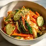 A close-up, vibrant kimchi salad with red-tinged napa cabbage, julienned cucumber and carrot strips, scattered white sesame seeds and a sprinkle of green onion, in a simple white bowl on a light wood table.