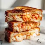 A golden-brown kimchi sandwich with melted cheese oozing out, spicy kimchi filling, on a rustic wooden board.