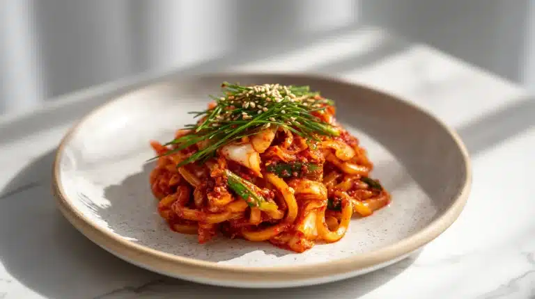A bowl of kimchi udon noodles topped with egg yolk and green onions on dark slate