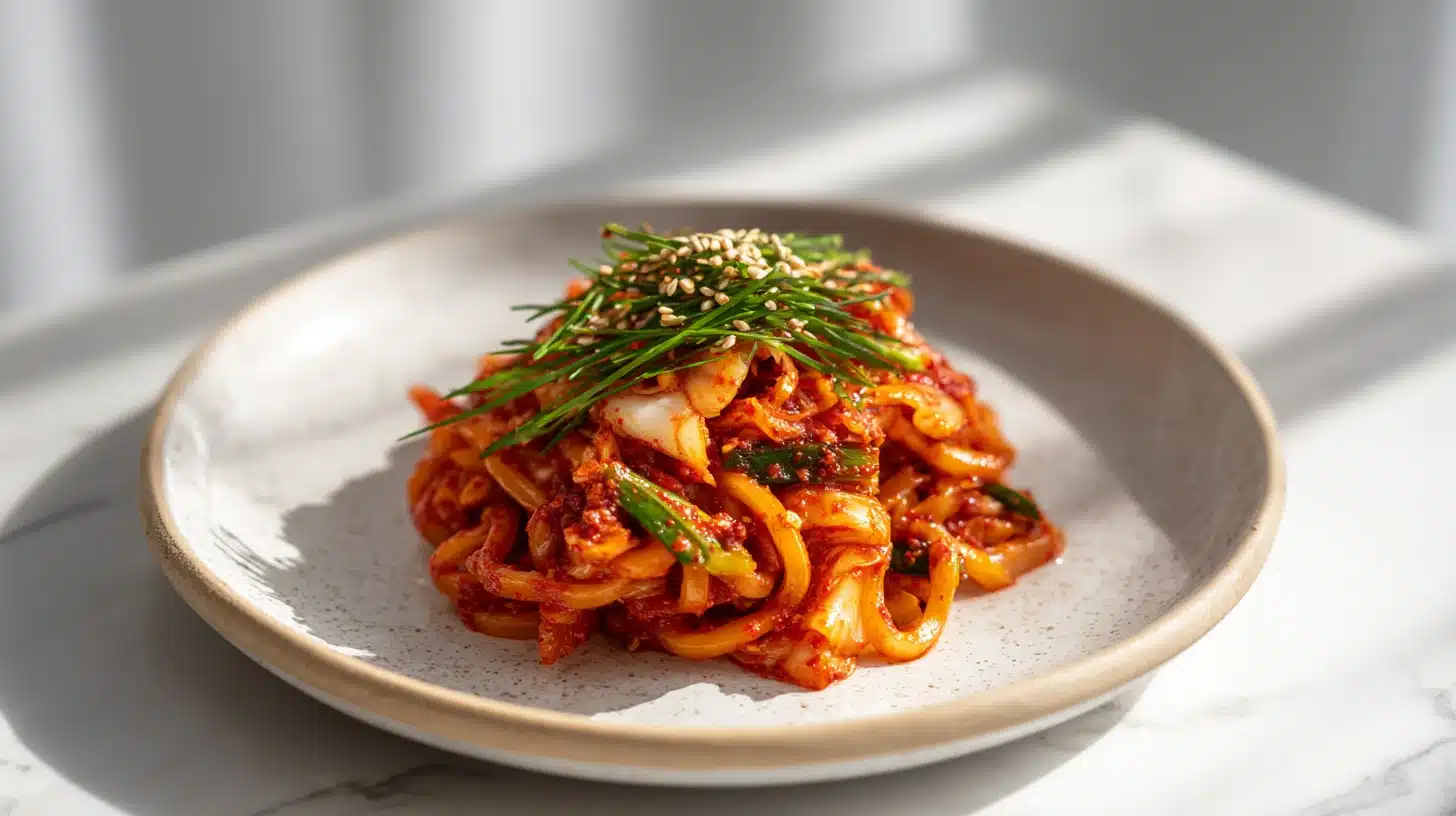 Kimchi Udon: The Spicy, Buttery Stir Fry You'll Make on Repeat 25 A bowl of kimchi udon noodles topped with egg yolk and green onions on dark slate
