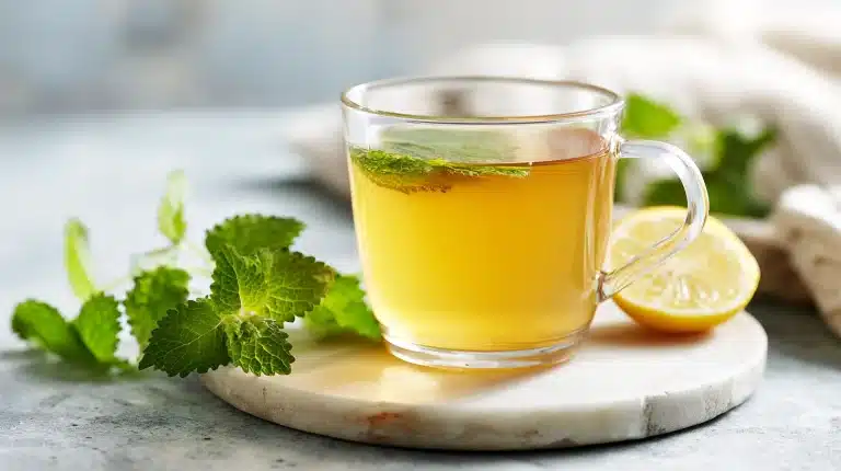 Steaming mug of lemon balm tea for sleep with fresh herbs and honey on rustic wood