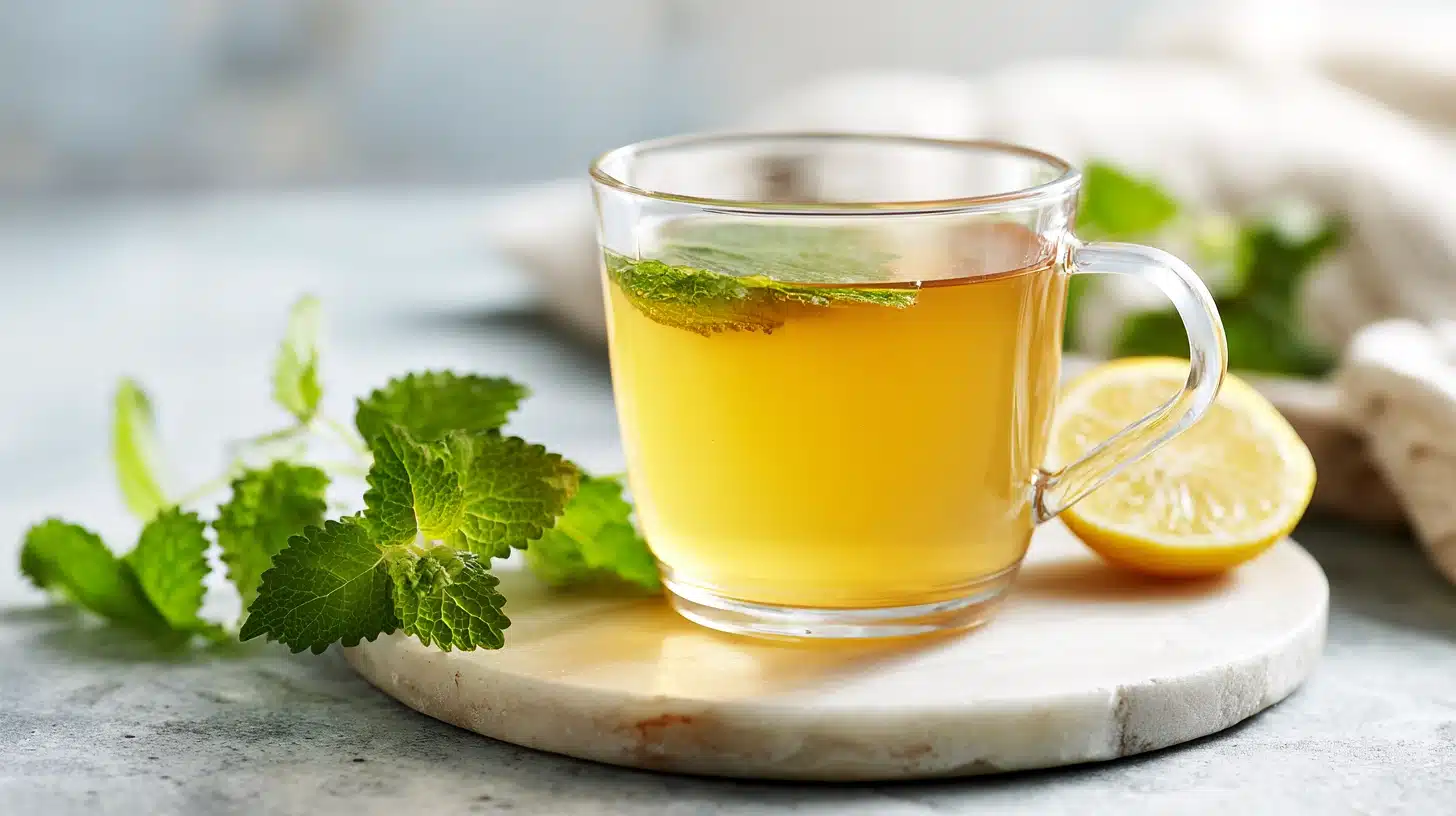Lemon Balm Tea for Sleep: Your New Nightly Ritual in 5 Minutes 16 Steaming mug of lemon balm tea for sleep with fresh herbs and honey on rustic wood
