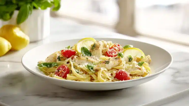 Creamy Lemon Chicken Pasta with sliced chicken and parsley in a wide bowl