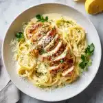 Creamy lemon chicken pasta on a plate with golden sliced chicken, silky lemon cream sauce, linguine, parsley, and Parmesan.