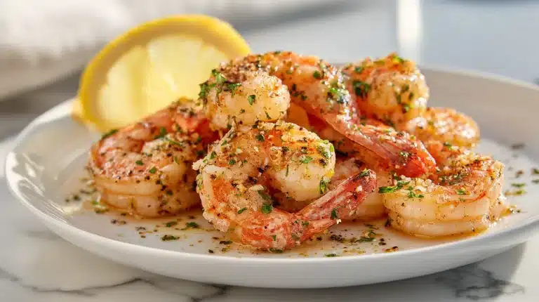Lemon garlic butter shrimp in a cast iron skillet with parsley and lemon rounds