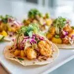 Mango Jalapeño Shrimp Tacos with Cabbage Slaw on a rustic wooden board with lime wedges