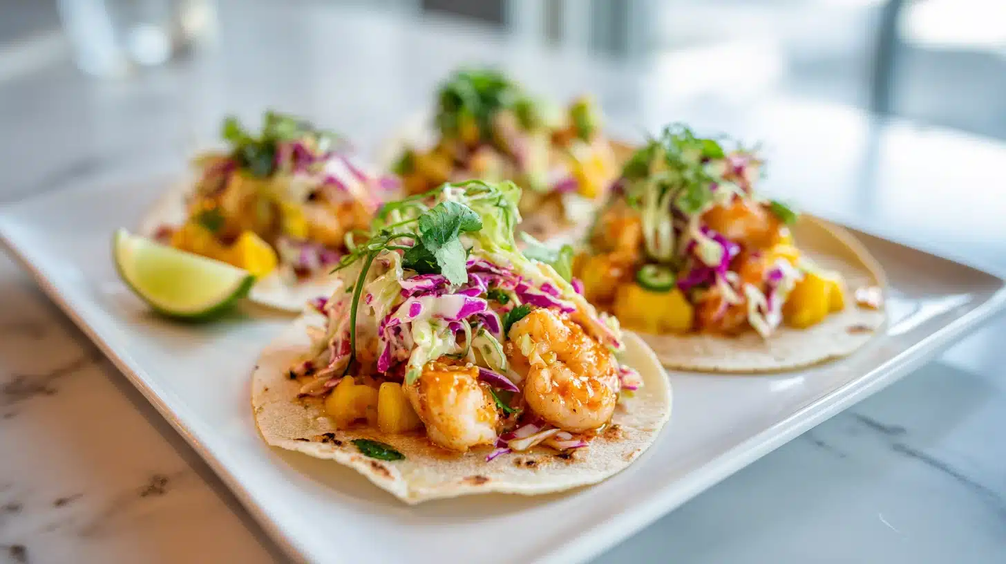 Mango Jalapeño Shrimp Tacos with Cabbage Slaw That Are Ready in 30 Minutes 31 Mango Jalapeño Shrimp Tacos with Cabbage Slaw on a rustic wooden board with lime wedges