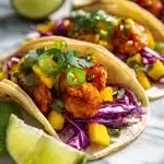 Mango Jalapeño Shrimp Tacos with Cabbage Slaw: tortillas with spiced shrimp, mango, jalapeño, and slaw, topped with cilantro and lime.