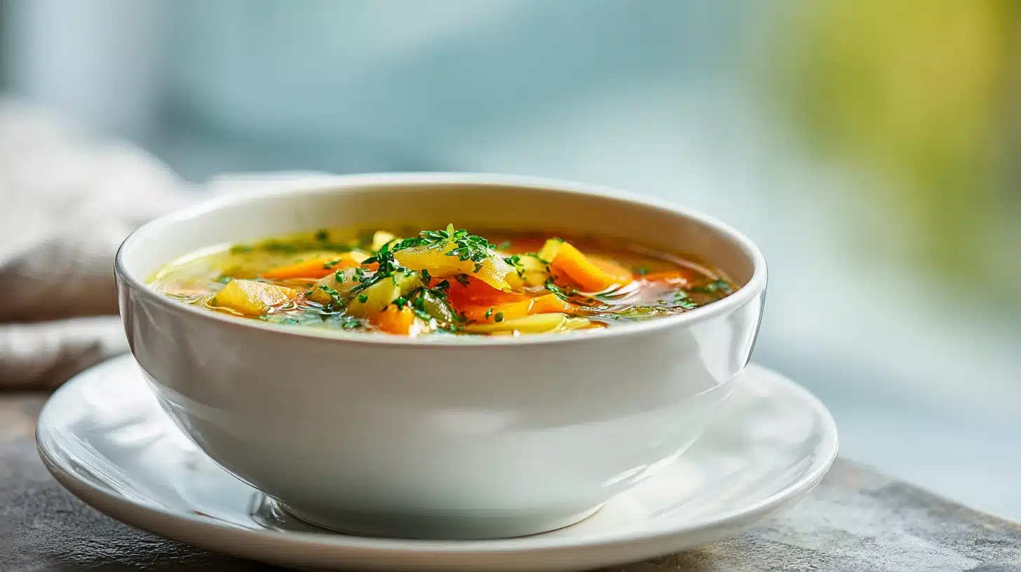 Miso Soup for Gut Health: The Gut-Healing Bowl You'll Make Every Week 22 A ceramic bowl of miso soup for gut health with tofu, wakame, bok choy, and edamame