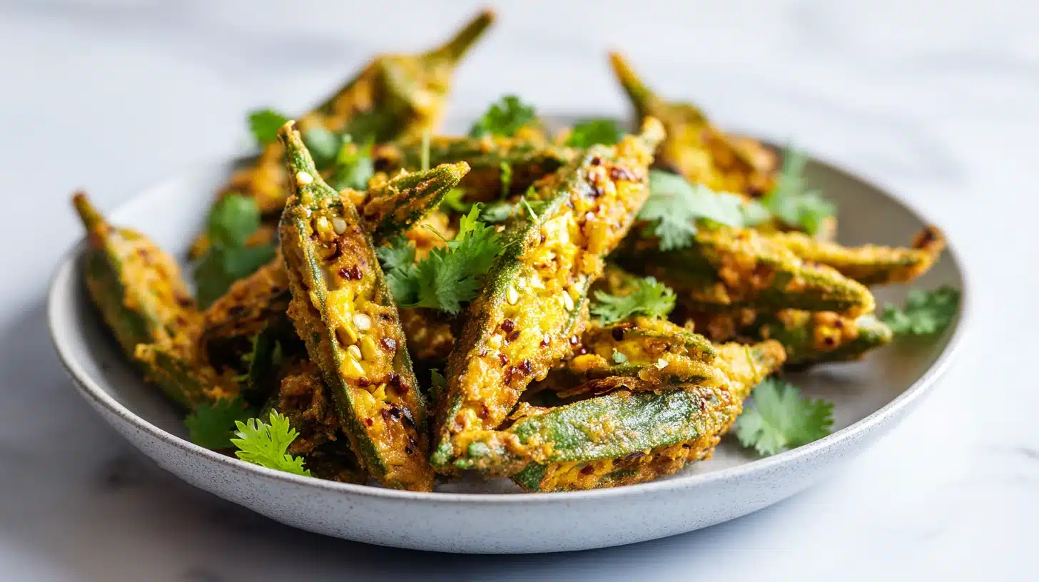 Okra Bhaji Recipe: The Secret to Crispy, Never-Slimy Bhindi Every Time 24 Crispy golden okra bhaji recipe in a cast iron skillet with spices and cilantro