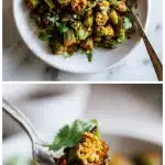 A rustic plate of crispy golden okra bhaji recipe, garnished with cilantro and spices, on a dark textured table with a side of chutney.
