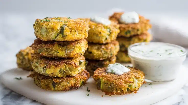 Golden crispy okra fritters recipe southern living style on a rustic wooden board with dipping sauce