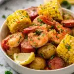 Old Bay shrimp boil recipe in a pot with shrimp, andouille sausage, corn on the cob, baby potatoes, parsley, and lemon on a marble surface.