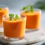 A tall glass of papaya digestive smoothie topped with fresh papaya cubes and lime on marble