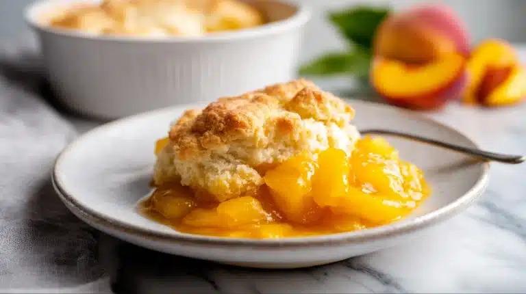 Paula deen peach cobbler with golden crust and juicy peach filling in white baking dish