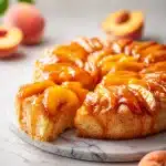 Paula Deen peach cobbler in a cast-iron skillet, bubbling with amber peach syrup and topped with golden, buttery biscuit crust.