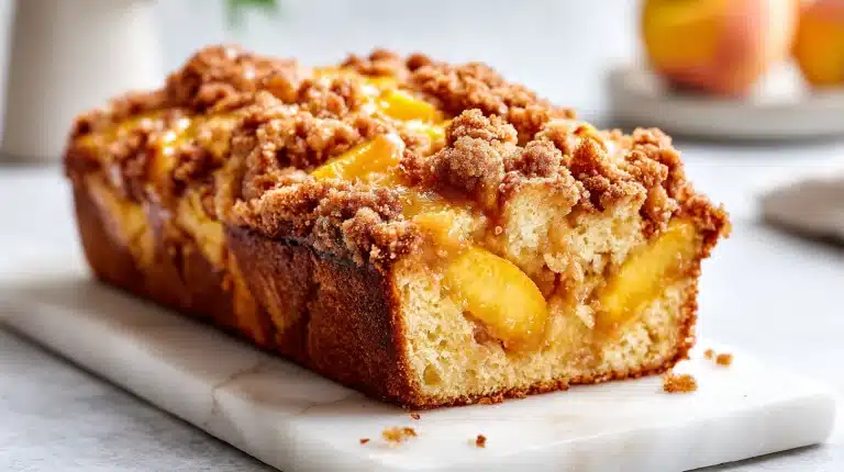 Sliced peach bread with cinnamon crumb topping on a wooden board