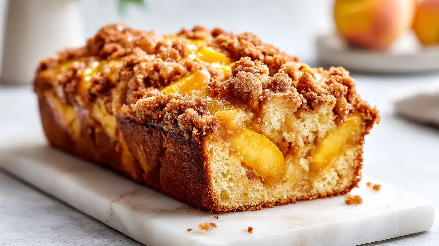 The Best Peach Bread Recipe (Fresh, Moist, and Ready in 78 Minutes) 33 Sliced peach bread with cinnamon crumb topping on a wooden board
