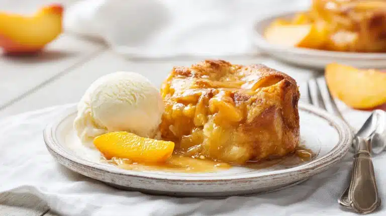 Peach bread pudding with caramel sauce recipe in a rustic ceramic baking dish